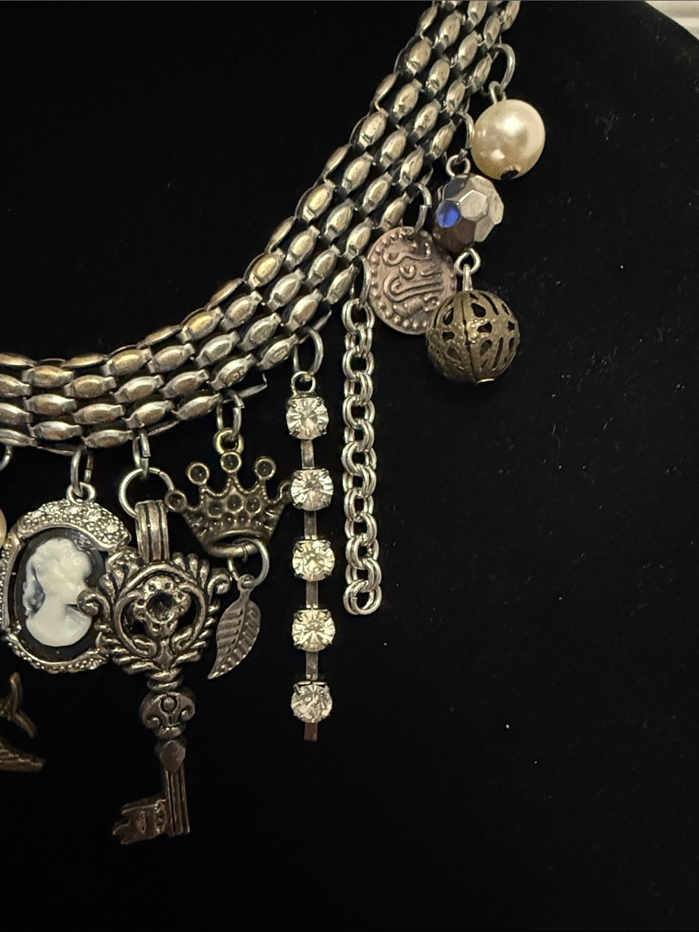VTG Silver Tone Charm Necklace | Layered Chain Cameo Crown Butterfly Necklace - Picture 3 of 8